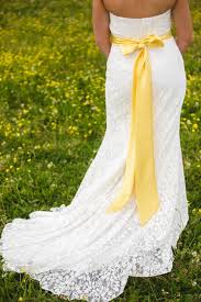 Beautiful Lace Overlay Dress With Sunshine Yellow Sash Thereddirtbride Com See More Of This Yellow Wedding Dress Yellow Wedding Yellow Wedding Inspiration