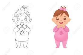 View and print full size. Cute Baby Girl Coloring Page And Colorful Clipart Character Cartoon Design For T Shirt Print Icon Logo Label Royalty Free Cliparts Vectors And Stock Illustration Image 156534434