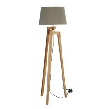 Grey wash tripod wooden floor lamp with black painted metal details and grey fabric shade. Ash Tripod Floor Lamp With Light Grey Shade H150 Nordic Maisons Du Monde