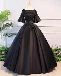 Black And Gold Ball Gown With Sleeves Black Satin Open Back Mid Sleeve Long Applique Evening Dress Prom Dress Evening Gowns With Sleeves Evening Gowns Black Prom Dresses