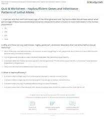 Quiz Worksheet Haplosufficient Genes And Inheritance Patterns Of Lethal Alleles Study Com