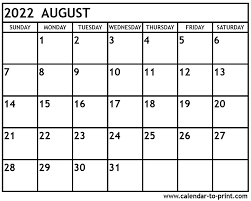 August 2022 Calendar Printable