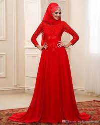 Arabic Muslim A Line Wedding Dresses Red Colour Long Sleeve High Neck With Hijab Wedding Dress Long Sleeve Red Dress Red Wedding Dresses