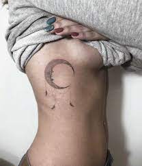Crescent Moon And Feathers Inked On The Right Rib Cage By Ann Pokes Rib Tattoos For Women Hand Poked Tattoo Moon Tattoo