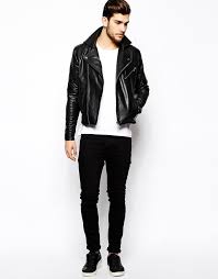 Men S Black Leather Biker Jacket White Crew Neck T Shirt Black Jeans Black Leather Low Top Sneakers Black Leather Biker Jacket Leather Jacket Outfit Men Leather Jeans Men