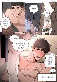 ilay riegrow, jeong taeui, passion (manhwa), absurdres, character request,  highres, korean commentary, translation request, 4koma, abs, bathroom,  blush, body blush, brown eyes, brown hair, comic, interior, korean text,  looking at mirror, male