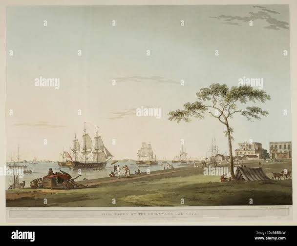 A fleet of ships in harbour. Calcutta. . Oriental Scenery. Twenty four views in Hindoostan. London : Robt Bowyer, 1795, 1797. Daniell, Thomas, 1749-1840. Oriental Scenery. Twenty four views in Hindoostan drawn