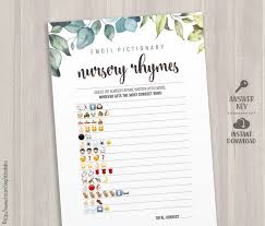 It features a print out with 10 emoji. Greenery Baby Shower Emoji Pictionary Game Cards Printable Etsy