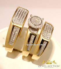14k Yellow Gold Fn Diamond Trio Wedding His Her Bridal Band Engagement Ring Set Yellow Gold Wedding Ring Sets Yellow Gold Diamond Wedding Band Gold Diamond Wedding Band