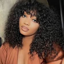 Zlike Curly Wave Wig With Bangs Natural Color Human Hair Glueless Wigs