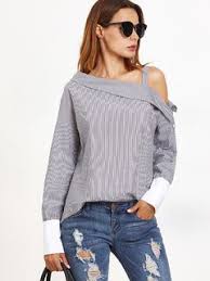 Black And White Striped Off The Shoulder Long Sleeve Top Black White Striped Contrast Cuff Asymmetric Cold Shoulder Blouse Blouses For Women Long Sleeve Tops Fashion