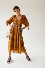 Celestial Skies Midi Dress Tiered Mustard Yellow Gold Maxi Dress Boho Gold Maxi Dresses Boho Dresses Free People Maxi Dresse Fashion Clothes Midi Dress
