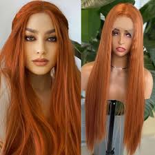 Ginger Wig Long Straight Synthetic Lace Front Wig Glueless Wigs for Women  Cosplay Party Dark Orange Hair Lace Frontal Wig Auburn