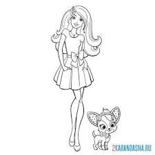 Pypus is now on the social networks, follow him and get latest free coloring pages and much more. Coloring Page Barbie In A Dress With A Bow And A Dog For Girls Print Barbie
