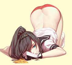 akizuki (kantai collection) ass ass cleavage bangs black hair  blue eyes butt crack female female only footwear gloves hairband kantai  collection long hair looking at viewer neckerchief nian no