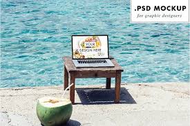 Laptop Psd Mockup At The Beach Graphic Design Mockup Mockup Psd Psd