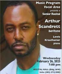 Tomorrow evening at 7pm in the Recital Hall of the Performing Arts  Building, Arthur Scandrett, baritone will present his Senior Recital. Mr.  Scandrett is a student of Professor Nelda Ormond. Free admission.