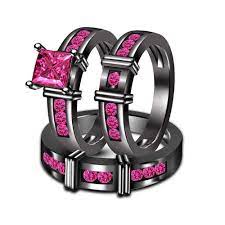 New Full Black 925 Sterling His Her Pink Sapphire Wedding Bands Trio Ring Set Pink Sapphire Wedding Band Wedding Ring Bands Set Engagement Ring Wedding Band