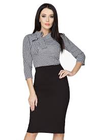 Black And White Houndstooth Skirt Black And White Houndstooth 3 4 Sleeve Cotton Blouse With A Bow Black Pencil Skirt Outfit Pencil Skirt Outfits Winter Pencil Skirt Outfits