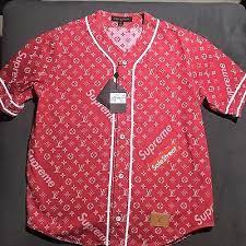 Supreme X Louis Vuitton Lv All Over Monogram Denim Baseball Jersey Red Sz Large Supreme Clothing Mens Outfits Shopping Outfit