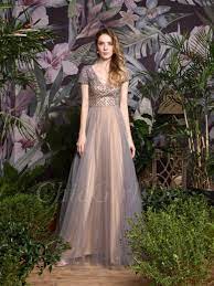 Dieses bodenlange tüllkleid mit wunderschönem perlentüll ist perfekt. Schone Abendkleid Ballkleid Lang Taupe Tull V Ausschnitt Mit Armel