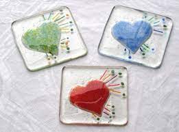3 Glass Coasters Heart Coasters Modern Drinks Coaster Glass Fused Glass Wall Art Glass Wall Art Fused Glass