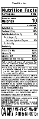 2,000 calories a day is used for general nutrition advice. Monster Energy Zero Ultra Sugar Free Energy Drink 16 Ounce Pack Of 24 Buy Online In United Arab Emirates At Desertcart Ae Productid 2298902