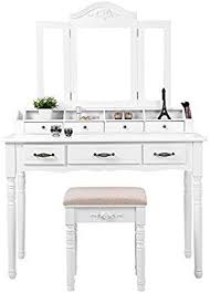 Amazon Com Songmics Vanity Table Set Tri Folding Necklace Hooked Mirror 7 Drawers 6 Organizers Makeup Dre Vanity Set Makeup Dressing Table Vanity Table Set