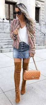 Trendy Outfit Fur Jacket White Top Bag Denim Skirt Brown Over The Knee Boots Best Casual Outfits Casual Winter Outfits Outfits