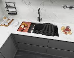 Modern black kitchen countertop steel backsplash. Ariel Enthous Workstation 42 Inch Undermount 16 Gauge Single Bowl Nano Black Stainless Steel Kitchen Sink W Integrated Ledge 15mm Tight Radius Premium Accessories Bundle