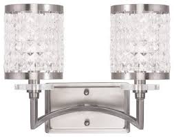 Brushed brass vanity lamp mid century sconce bathroom lighting wall lights. Bathroom Vanity 2 Light With Clear Crystals Brushed Nickel Traditional Bathroom Vanity Lighting By Rlalighting Houzz