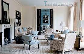 A wall mount tv hangs above the fireplace facing the dark wood coffee table over a beige area rug. Color Scheme Black And Blue Eclectic Living Home