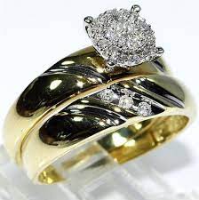 His Her Wedding Rings Set Trio Men Women 10k Yellow Gold Real Diamonds Wedding Ring Sets Round Solitaire Engagement Ring Wedding Rings
