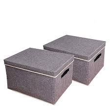 Yueyue 2 Packs Large Linen Fabric Foldable Storage Box With Removable Lid And Handles Storage Con Fabric Storage Boxes Living Room Grey Storage Boxes With Lids