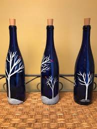 Handpainted Lighted Blue Wine Bottle With Birch Trees And Etsy Blue Wine Bottles Wine Bottle Decor Wine Bottle