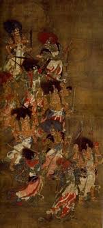 阿修羅 又稱阿素洛 此云無酒 又云非天 近須彌山大海中 好與天鬥 似天似人 俱是善業之所招感 故列於六道之三善道中 居大山及大海中 有胎卵濕化四種而福德不同 帝釋有美食 阿修羅有美女 故兩者經常征戰 cave paintings painting ancient chinese