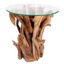 Modern, traditional, eclectic, rustic, glam, farmhouse, country Round Reclaimed Teak Root Wooden Glass Top Side Table Negara