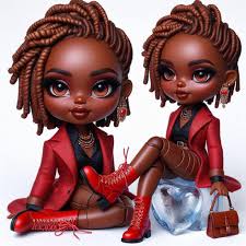 A vibrant and highly stylized digital illustration of a chibi-bratz style  character with smooth growing brown skin huge brown eyes. The character  features a sleek bob haircut with dramatic black and blonde