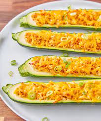Buffalo Chicken Stuffed Zucchini Recipe Zucchini Boat Recipes Healthy Work Snacks Recipes