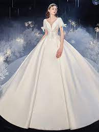 Short Sleeves V Neck Satin Sweep Train Beading Wedding Dress Wedding Dresses Chic Wedding Dresses Wedding Dresses Beaded