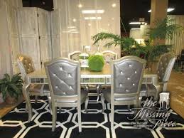 The Diva Dining Room Set Lives Up To Its Name This Pretty Platinum Table Has A Mirrored Trim Six Incredible Rhinestone Tufted Bac Chair Dining Room Set Home