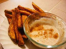 Before roasting, the fries were tossed with a little corn starch, then melted coconut oil, and finally cinnamon sugar. Sweet Potato Fries With Maple Cinnamon Dipping Sauce Sweet Potato Fries Sweet Potato Fries Cinnamon Sweet Potato Dipping Sauce