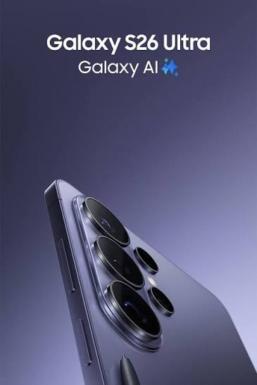 תקריב על הפינה של סמארטפון Galaxy S26 Ultra בצבע סגול, שמציג את עדשות המצלמה עם S Pen שמונח לפני המכשיר. Galaxy AI