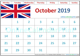 October 2019 Calendar Uk Calendar Uk 2019 Calendar Calendar