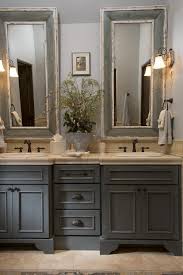 French Country Bathroom Gray Washed Cabinets Mirrors With Painted Frames Chippy Paint Bathroom Remodel Master Traditional Bathroom Farmhouse Master Bathroom