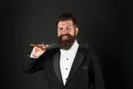 I Am Barber Happy Barber Dark Background Bearded Man Hold Classic Razor Barber Ready To Shave Beard Shaving Beard Stock Image Image Of Casual Brutal 168256285