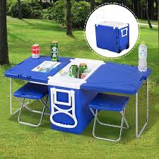 Multi Function Rolling Cooler Picnic Camping Outdoor W Table 2 Chairs Blue Red Wish Camping Table Foldable Picnic Table Camping Coolers