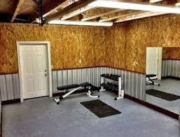 Utility Style Stepped Up Plywood Walls With Corrugated Metal Wainscoting Garage Walls Garage Interior Barn Interior