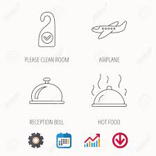 Hot Food Reception Bell And Clean Room Icons Airplane Linear