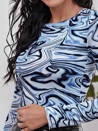 Azul Marmore Ocasional Camiseta Shein Brasil